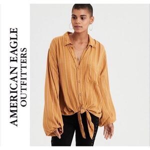 AMERICAN EAGLE Women’s Mustard Yellow Long Sleeve Striped Tie Front Blouse Large